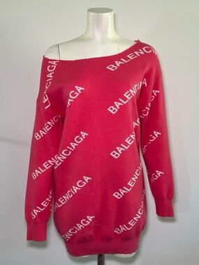 Balenciaga Pink Off-Shoulder Monogram Knit Sweater